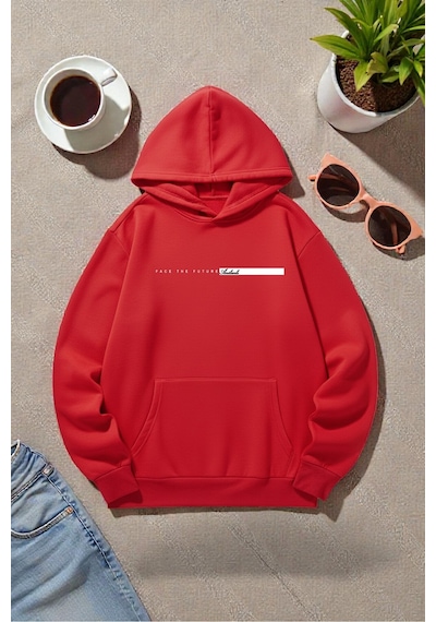 Uyguntarz Unisex Future Baskılı Oversize Sweatshirt Kırmızı