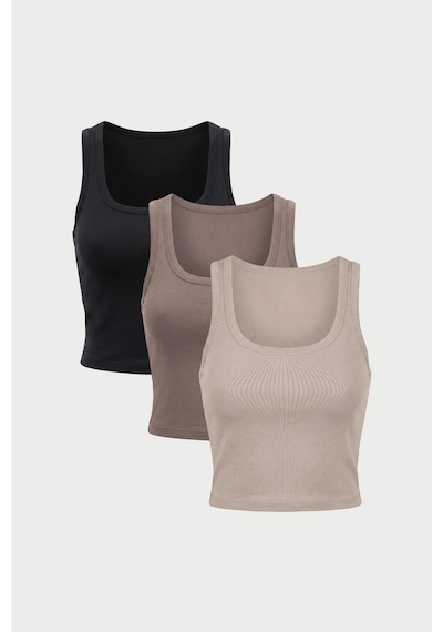 Auw Kadın Kare Yaka Pamuklu Modal Crop 3'lü - Softfit Taş, Vizon, Siyah