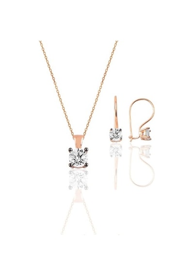 Gümüş Rose Tek Taş Kolye Ve Çengelli Küpe Gümüş Set