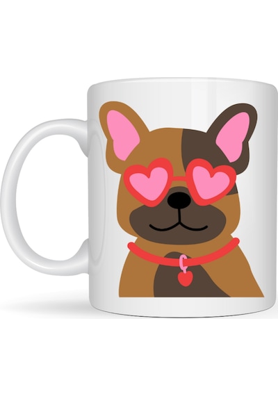 Sevimli French Bulldog Desenli Porselen Kupa Model 48 Kalpli Gözlüklü Köpek Tasarımı, Hediye Kupa, Kahve & Çay Kupası Diğer