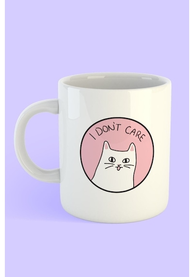 Kedi I Don't Care Detaylı Kupa Beyaz