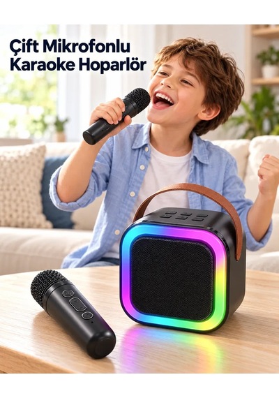 Evde Karaoke İçin Çift Mikrofonlu Şarj Edilebilir Kablosuz Hoparlör