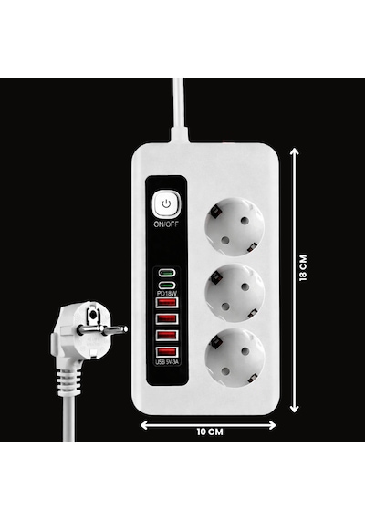 3500w Akım Korumalı 3 Lü Priz 2 Type-c + 4 Usb Girişli Açma Kapama Anahtarlı 2 Metre Kablolu 2 M