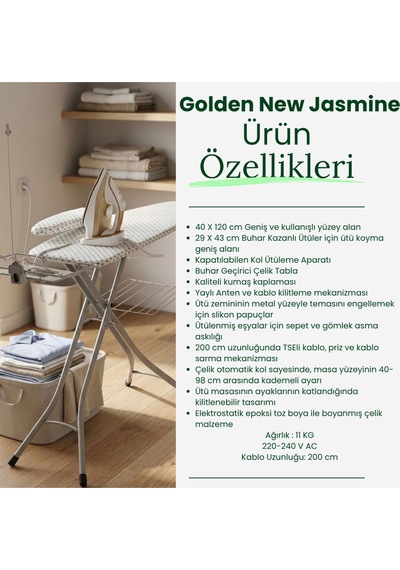 Uykula Evin Golden New Jasmine Ütü Masası 40x120 Cm Katlanabilir Buhar Kazanlı Uyumlu Ayarlanabilir Beyaz
