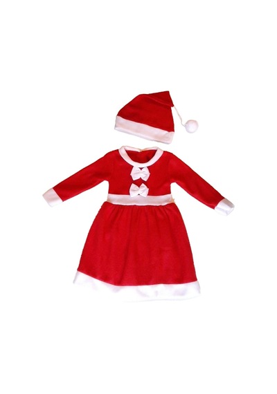 Pazarız Kız Çocuk Fiyonklu Pileli Noel Elbise Noel Baba Kıyafeti Kostümü Beyaz