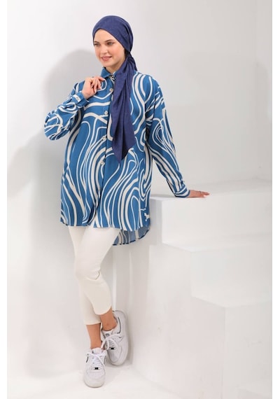 Polologin Butik Mavi Bej Çizgili Geniş Kalıp Viskon Kumaş Araboy Tunik Gömlek Mavi