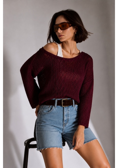 Bisou Siyah Ajurlu Triko Kazak Kayık Yaka Oversize İnce Örgü Yazlık Mevsimlik Bluz Bordo