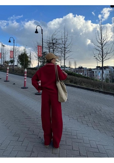 Freedom Storee Kadın 3 İplik Pamuklu Yakalı Sweat Baggy Pantolonlu Takım - Bordo Çok Renkli