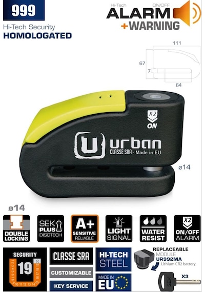 Urban Securıty 999 S.r.a Sınıfı Alarmlı Disk Kilidi 14mm Pim