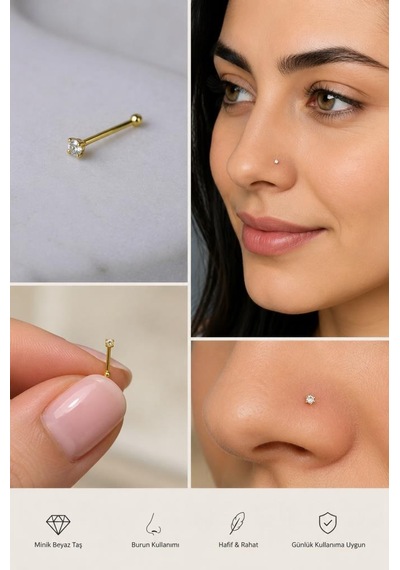 925 Ayar Gümüş Beyaz Taşlı Burun Hızması 9 Mm 1.6 Mm Tek Taş Minimal Nose Stud Sarı Renk