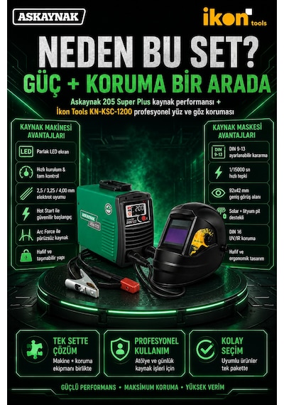 Askaynak 205 Super Plus İnverter Kaynak Makinesi + İkon Tools Kn-ksc-1200 Maske Seti