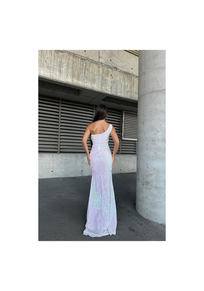 DefyModa Kadın Kadife Kumaş Asimetrik Yaka Payetli Abiye Elbise M
