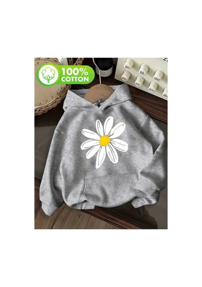 Herkesemoda Papatya Baskı Detaylı İçi Polarlı Kapüşonlu Sweatshirt Gri