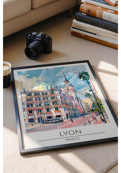 Fransa Lyon Temalı Çerçeveli Tablo Travel Serisi Modern İllüstrasyon Şehir Duvar Dekoru Siyah