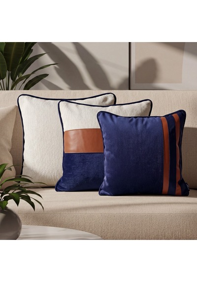 "navy Leather" Deri Şeritli Kırlent Kılıfı Seti Lacivert - Beyaz - Kahverengi