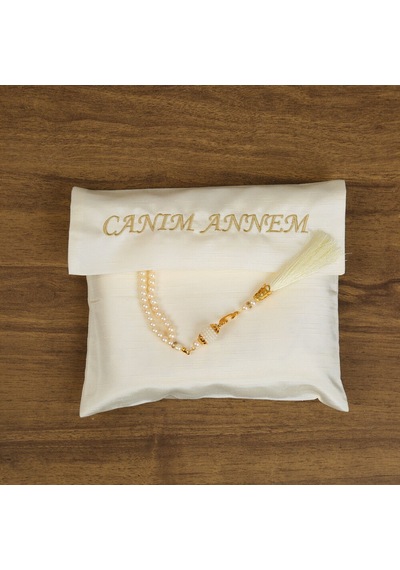 İsme Özel Canım Annem Şantuk Keseli Seccade Seti-krem renkli