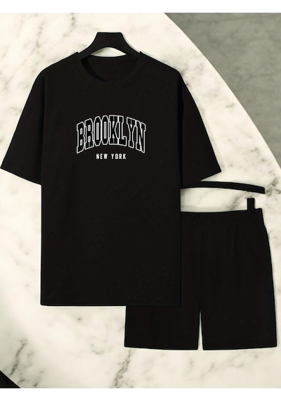Uyguntarz Unisex Brooklyn Baskılı Tasarım Şort Takım Siyah