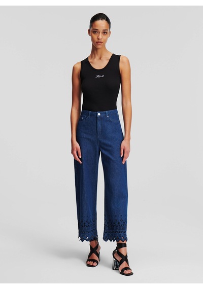 Karl Lagerfeld Yüksek Bel Düz Paça Koyu Mavi Kadın Denim Pantolon 241w1102