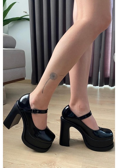 Preshley Kadın Napoli Siyah Rugan Tek Baretli 12 Cm Platform Topuklu Ayakkabı Siyah