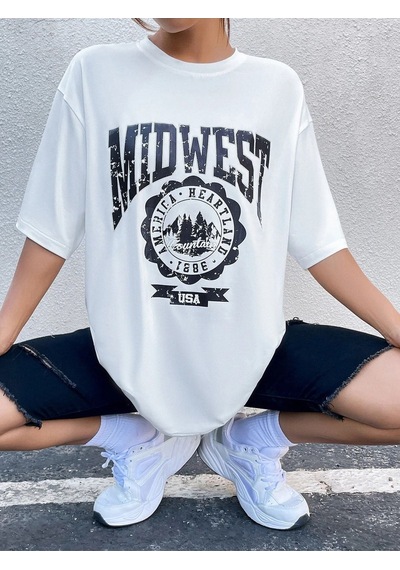 Beyaz Oversize Midwest Series 6 T-shirt - Oversize Baskılı Beyaz