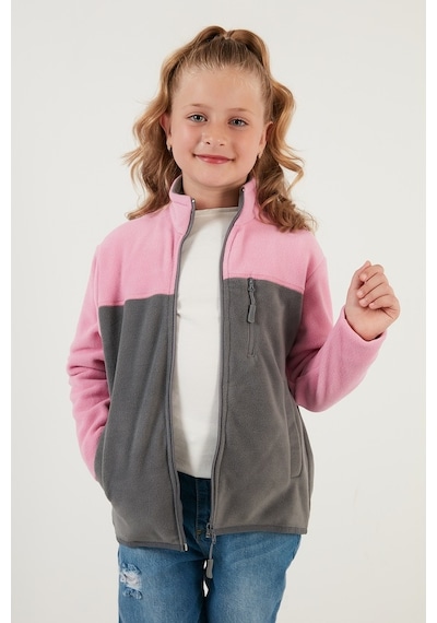 Lela Yumuşak Dokulu Fermuarlı Renk Bloklu Dik Yaka Cepli Hırka Unisex Çocuk Polar 5905001 Şeker Pembe-Gri