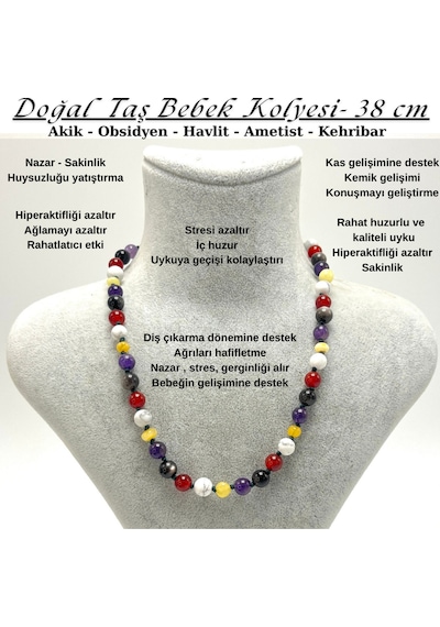 Sertifikalı Doğal Taş Bebek Kolyesi Ametist Obsidyen Akik Havlit Kehribar - 38 Cm Çok Renkli