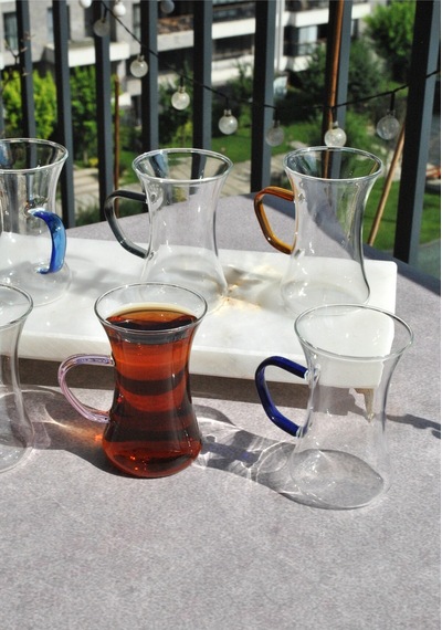 6 Adet Cam Çok Renkli Kulplu Çay Bardağı 150 Ml Kulplu Çay Bardak
