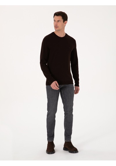 Cacharel Kahverengi Slim Fit Pamuk Karışımlı Bisiklet Yaka Basic Triko Kazak