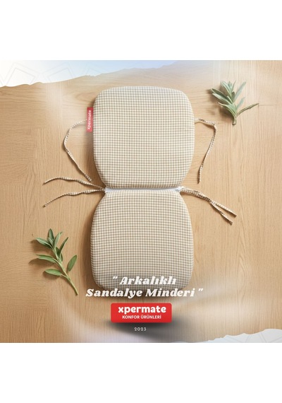 Pötikare Sırtlıklı Sandalye Minderi 42x42 Fermuarlı Yıkanabilir Kılıf Bağcıklı Minder Standart Fit Bej