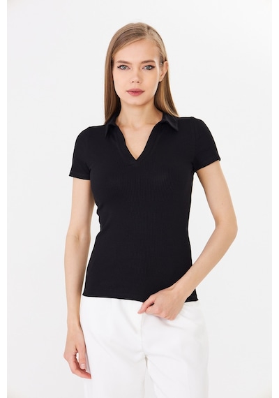 Hdm Kadın Siyah Polo Yaka Fitilli Günlük Bluz - H6038