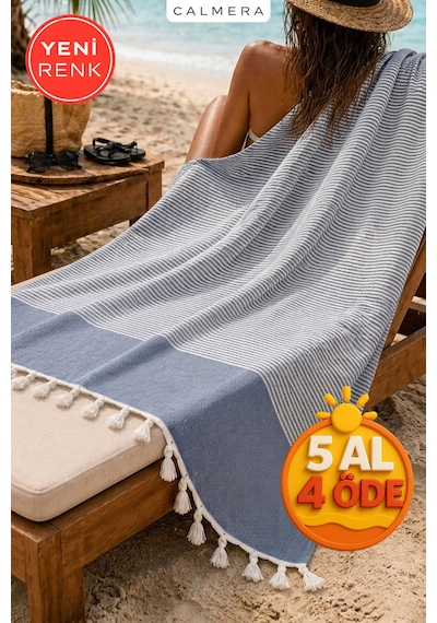 Calmera Çizgili Peştemal Pamuk - Doğal Saçaklı Plaj, Deniz, Havuz, Spa, Sauna, Spor, Seyahat Havlu - Lacivert