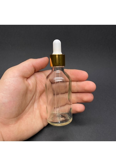 50ml Şeffaf Cam Damlalıklı Şişe , Gold Metalik Kapak , 50 Cc Sa