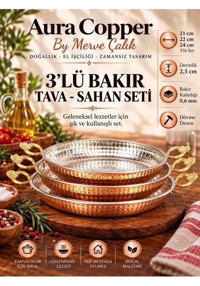3'lü Bakır Sahan Tava Seti Dövme Çift Kulplu Yumurta Menemen Tavası Tv-00008-21-22-24 Cm/2,5 Cm