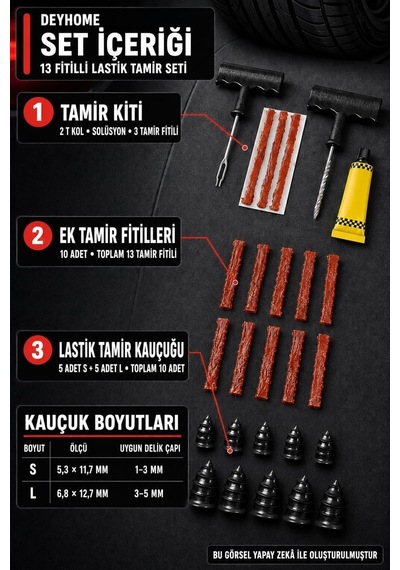 3'lü Set 13 Fitilli Tubeless Oto Lastik Tamir Kiti T Kollu Aparat, Solüsyon Ve Lastik Tamir Kauçuğu Sku: Zeusb0hfspz9t3