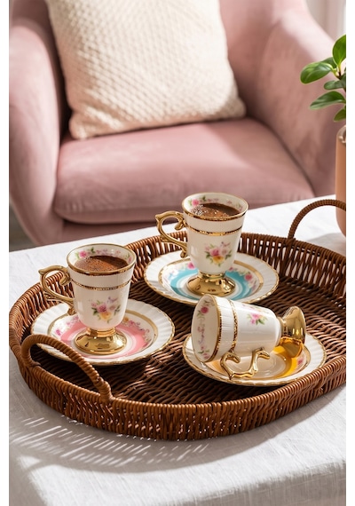 Porsima 2002 12 Parça Yaldızlı Porselen Türk Kahve Fincan Takımı - Renkli Kahve Fincan Seti - 90ml Çok Renkli