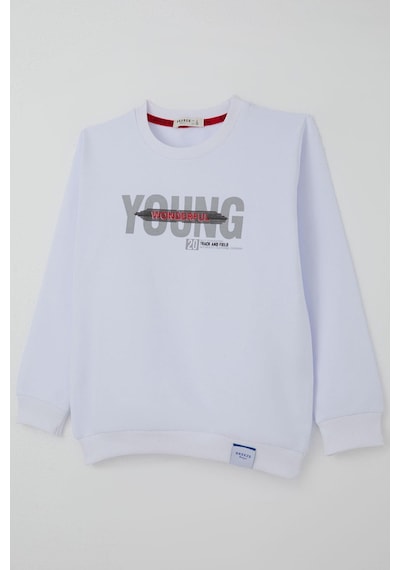 Breeze Erkek Çocuk Sweatshirt Yazı Baskılı 8-14 Yaş, Beyaz Beyaz