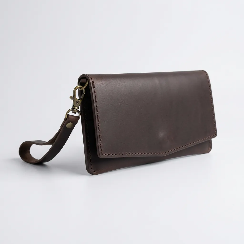 Natayleather %100 Hakiki Deri El Dikimi Acı Kahve Kadın El Portföyü Bileklikli Cüzdan Ve Çanta 20x10 Cm Acı Kahverengi