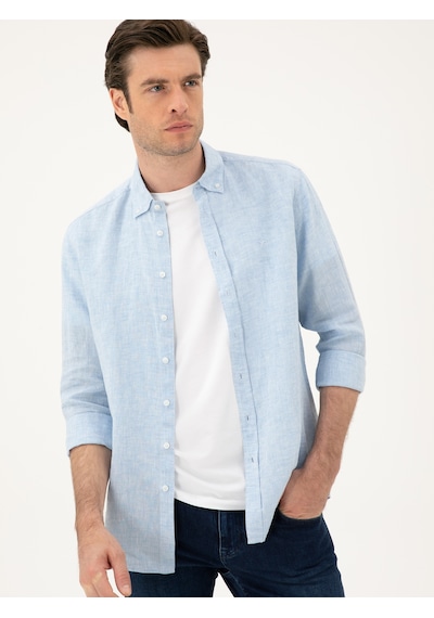 Cacharel Mavi Regular Fit %100 Keten Gömlek