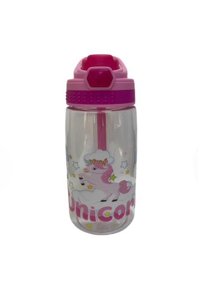 480 Ml Baskılı Çocuk Matarası Kilitli Kapak Ve Taşıma Kulpu Pembe