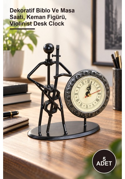 5 Adet Metal Saatli Keman Çalan Müzisyen Dekoratif Biblo Ve Masa Saati, Keman Figürü, Violinist Desk Clock