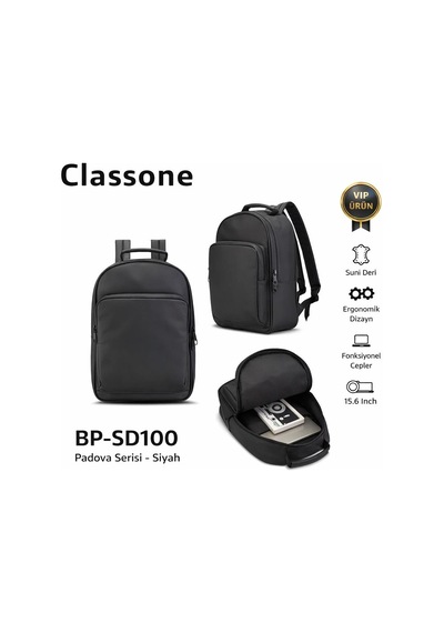 Classone Bp-sd100 Vıp 15.6 Suni Deri Laptop Sırt Çantası- Siyah Siyah