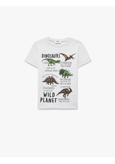 Koton Kısa Kollu Bisiklet Yaka Dinozor Baskılı Tişört Gri 6skb10181tk