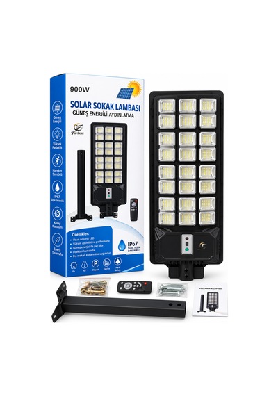 900w Solar Sokak Lambası Güneş Enerjili Hareket Sensörlü Uzaktan Kumandalı Ip67 Led Aydınlatma 1 Adet
