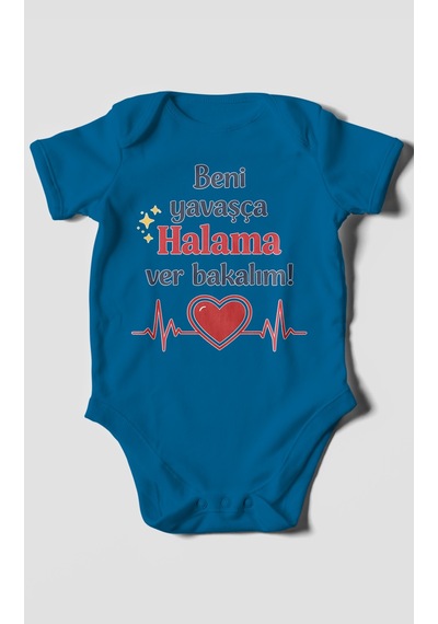 Morivokids Beni Yavaşça Halama Ver Bakalım Kısa Kollu Bebek Body %100 Pamuk Koyu Mavi