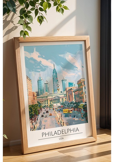 Abd Philadelphia Temalı Çerçeveli Tablo Travel Serisi Modern İllüstrasyon Şehir Duvar Dekoru Kayın