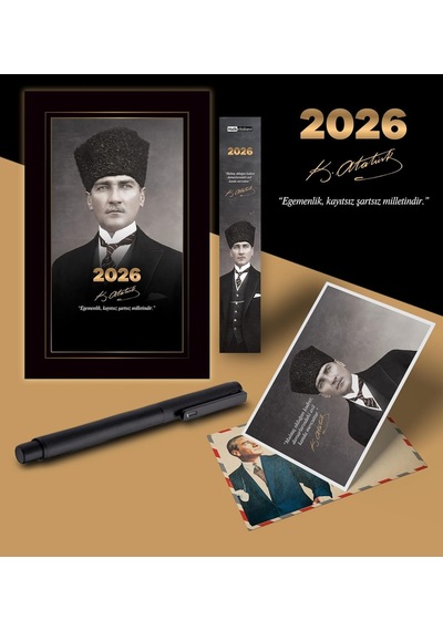 2026 Kalpaklı Atatürk Ajandası Ayraç Kartpostal Kalem - Siyah