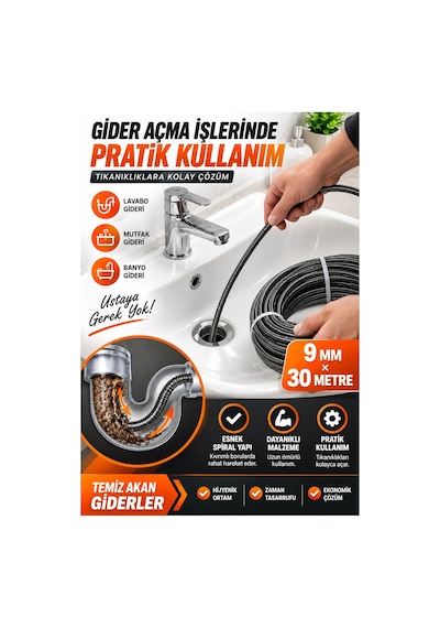 9 Mm 30 Metre Kanal Açıcı Spiral Tel Uzun Erişimli Esnek Gider Açma Susta Teli