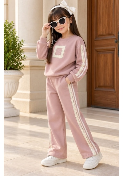 Kokoş Bebe Kız Çocuk Taş Detaylı Dantel Şeritli 3 İplik Şardonlu Eşofman Takımı - 5/12 Yaş - 31985 Pembe