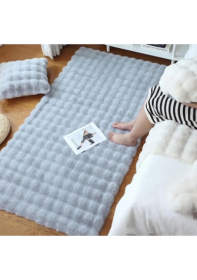 Saraz Halı Puffy Bubble Tavşan Tüyü Kaymaz Makinede Yıkanabilir Salon Koridor Mutfak Halı Gri