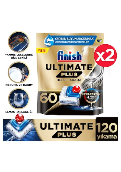 Finish Ultimate Plus 60x2 120 Adet Tablet + Fairy Limon 650 Ml Bulaşık Deterjanı Avantajlı Set